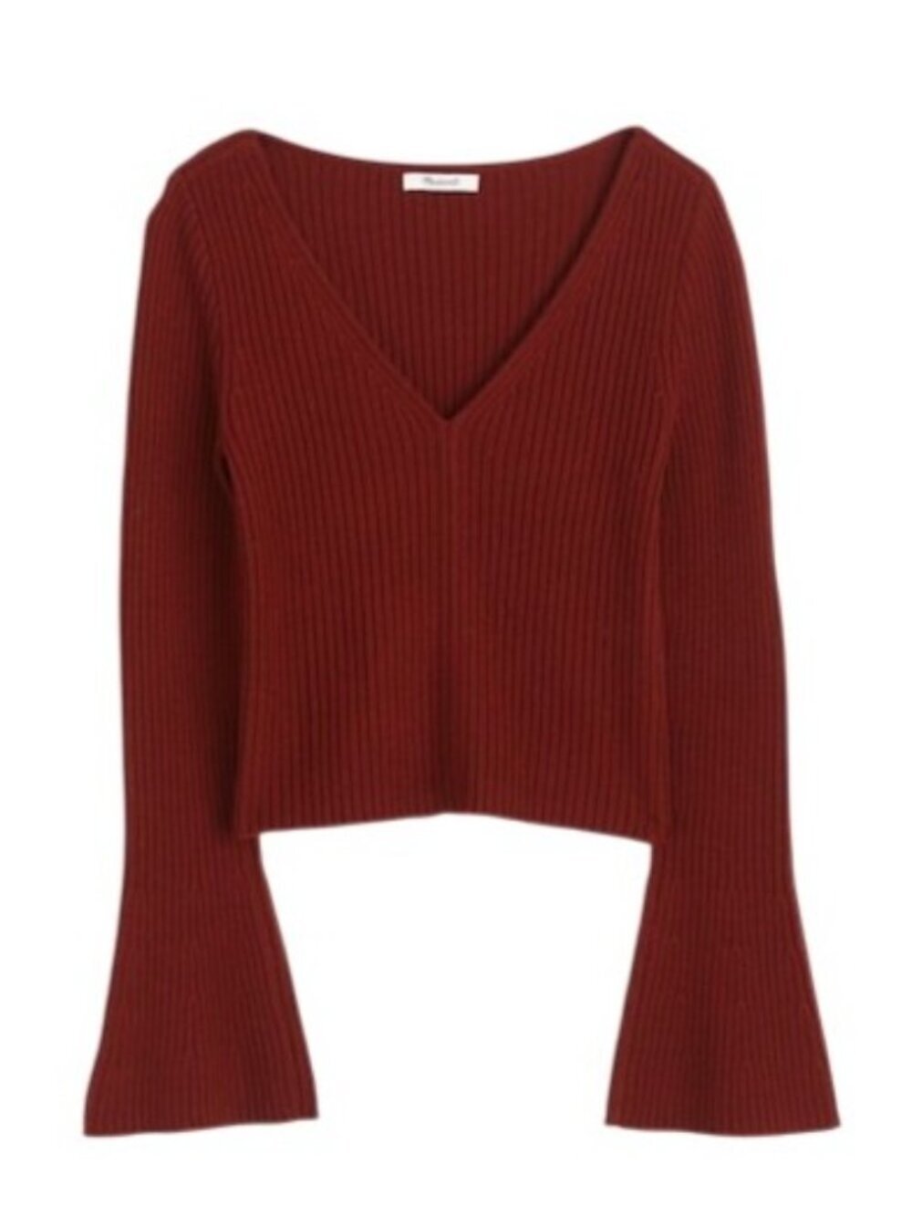 Madewell Ribbed V-Neck Sweater Top in Merino Wool~Size M~Deep Rust Red NWoT L726 - Picture 2 of 9